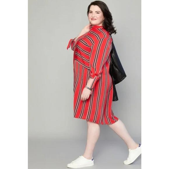 Eloquii Plus Striped Long Tie Cuff Sleeve Stripe Dress Red Black Size 22 - Picture 1 of 9